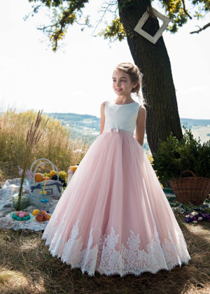 Ivory Lace Pink Tulle Corset Back Sweetest Flower Girl Dress